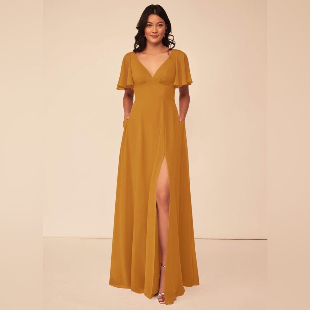AZAZIE KIMBER A-Line Ruched Chiffon Floor-Length Dress Butterscotch Size 8